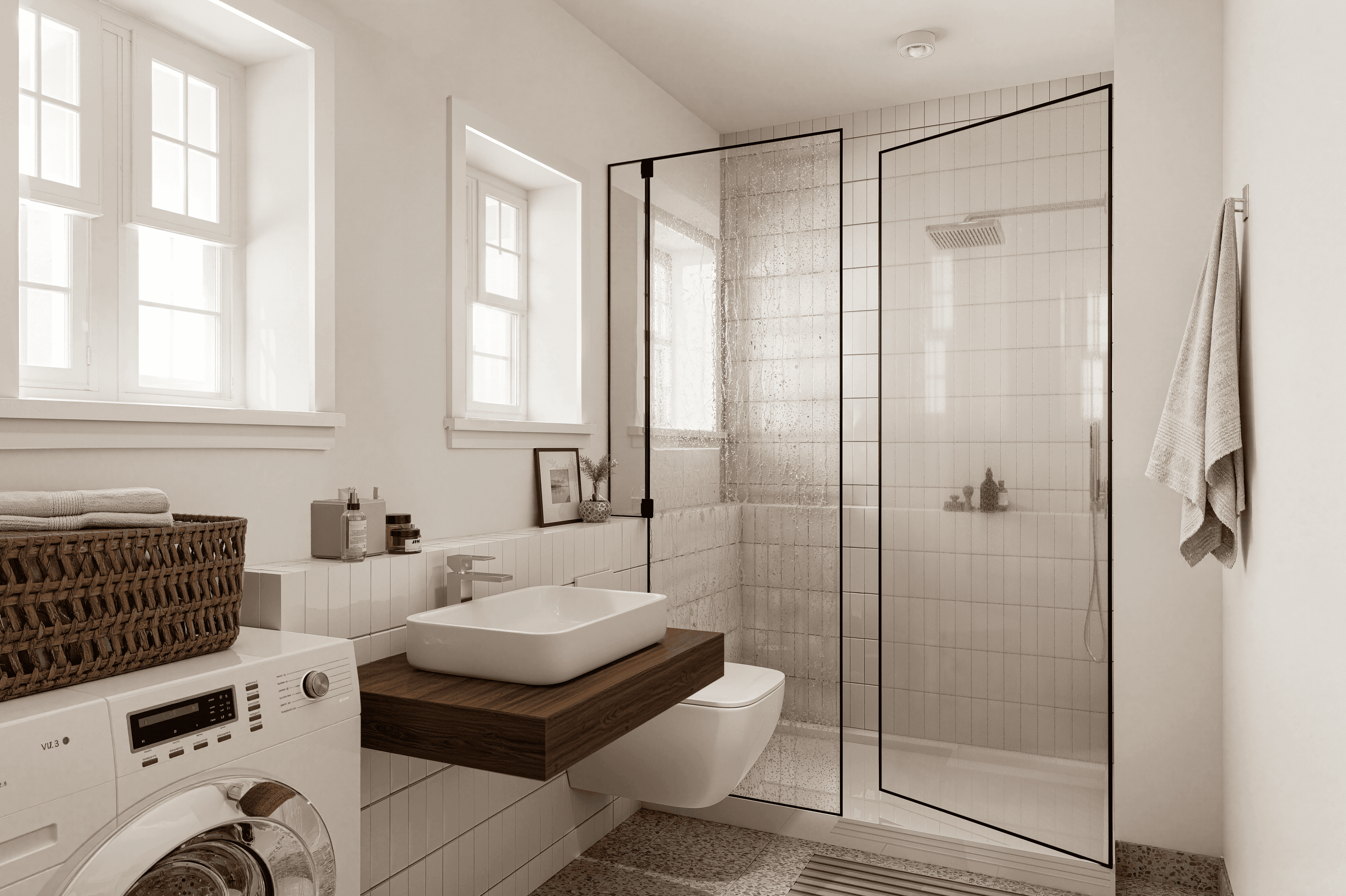 Modernes Badezimmer mit bodengleicher Dusche, wandhängendem WC und Waschtisch aus Holz