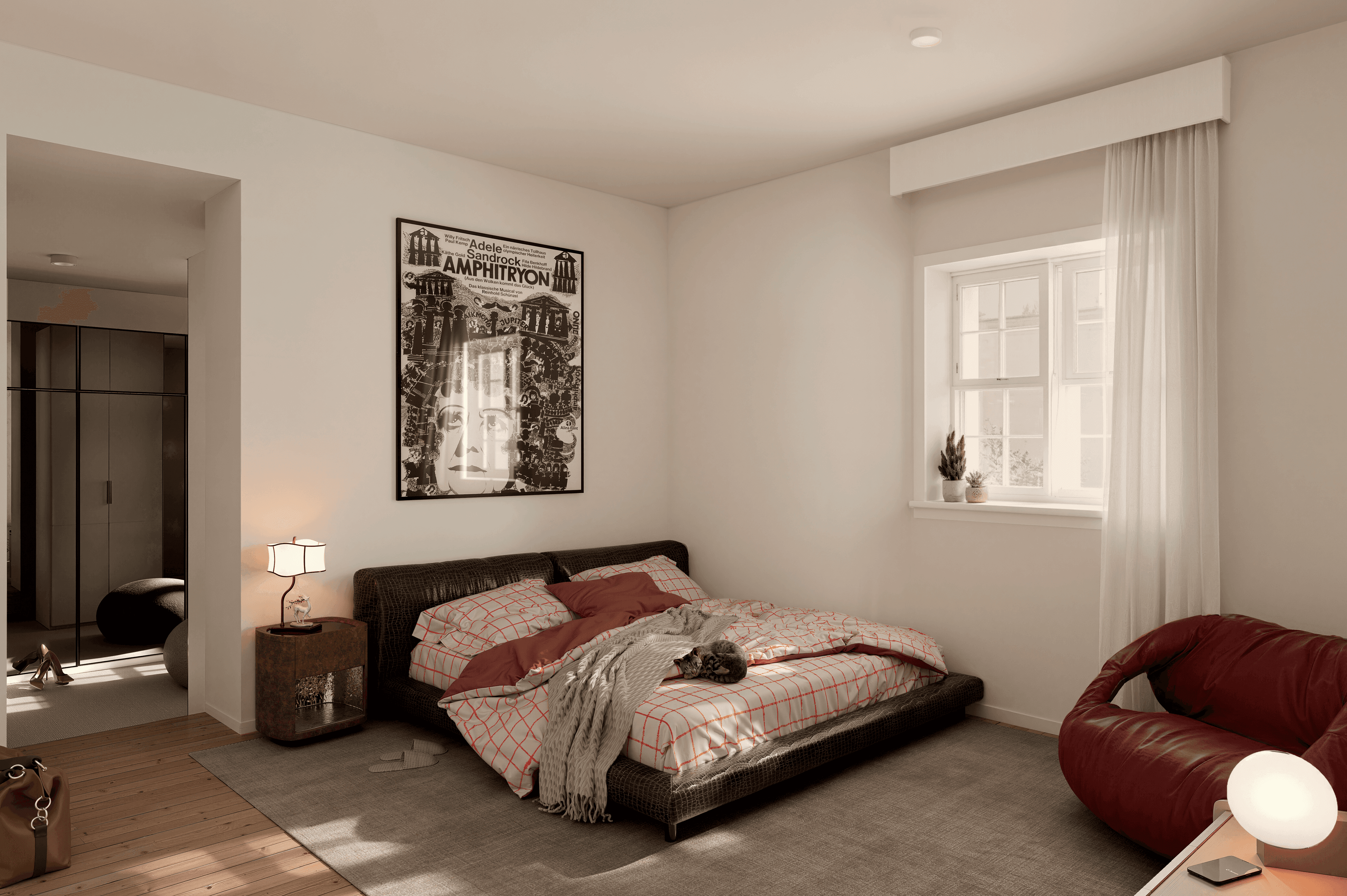 Helles Schlafzimmer mit großem Bett, Textilien und viel Tageslicht