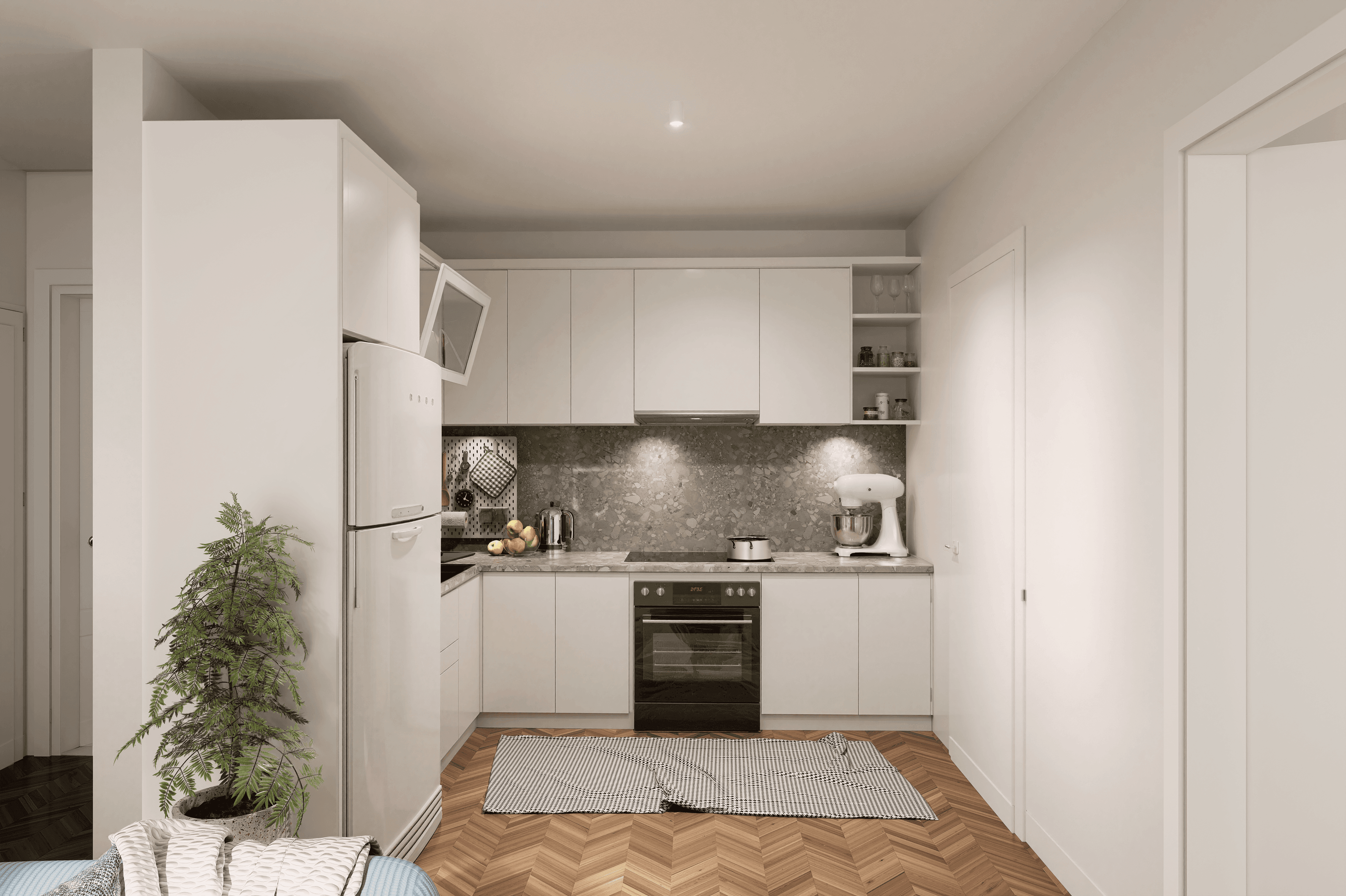 Moderne Küche mit Einbaugeräten, weißen Fronten und Steinrückwand