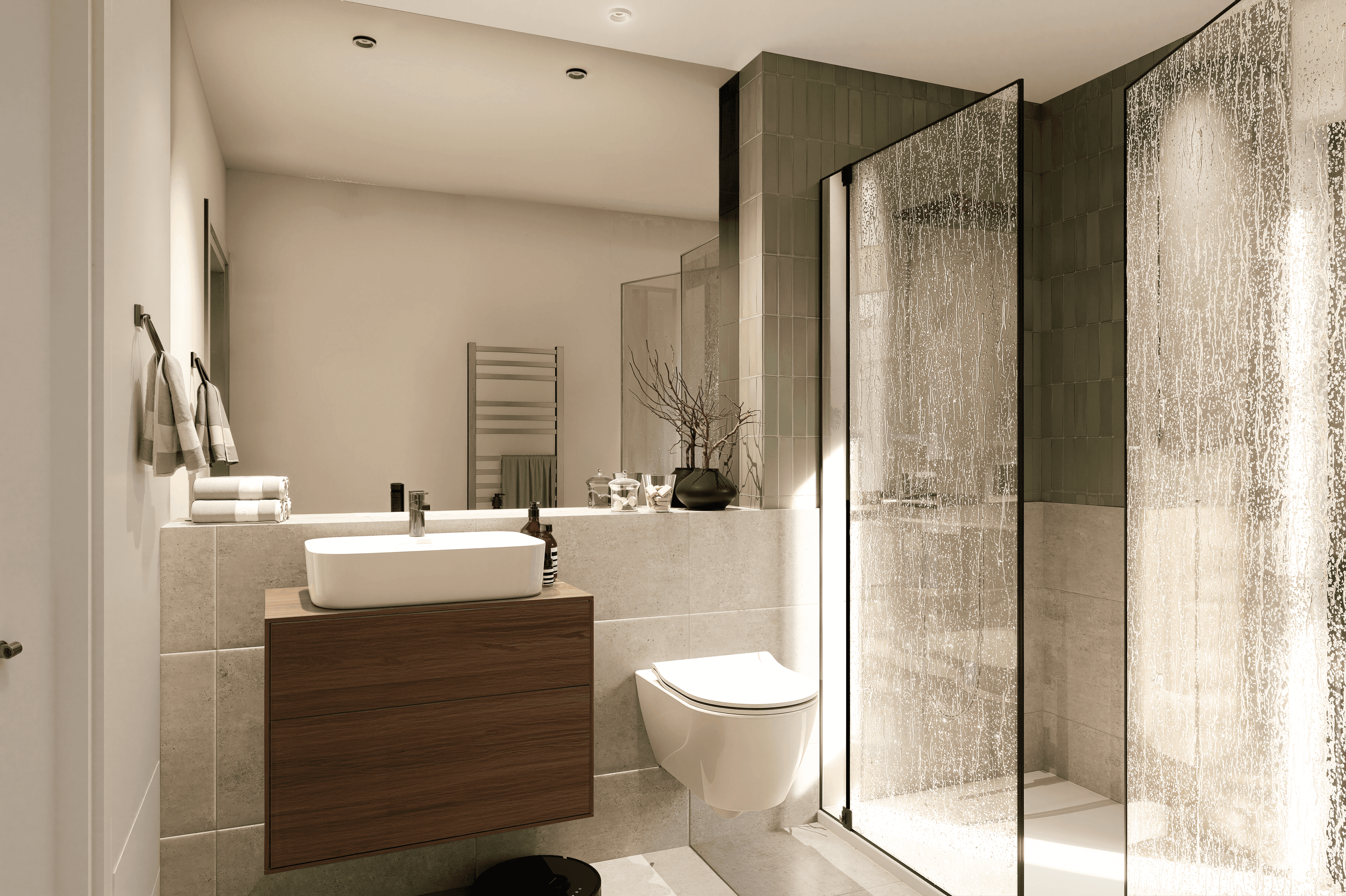 Modernes Badezimmer mit bodengleicher Dusche, wandhängendem WC und Waschtisch aus Holz