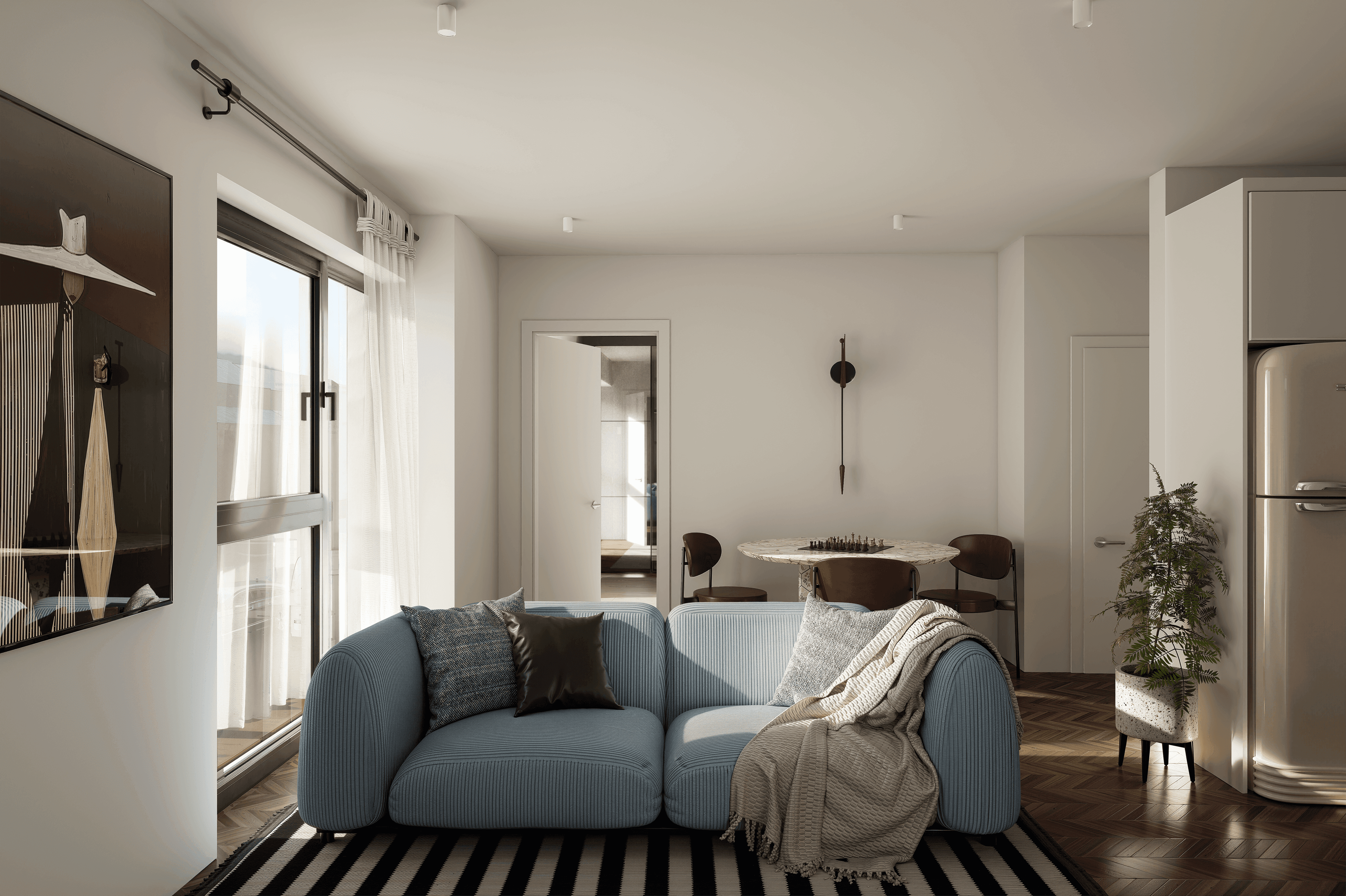 Offener Wohnbereich mit Sofa, Essplatz und viel Tageslicht