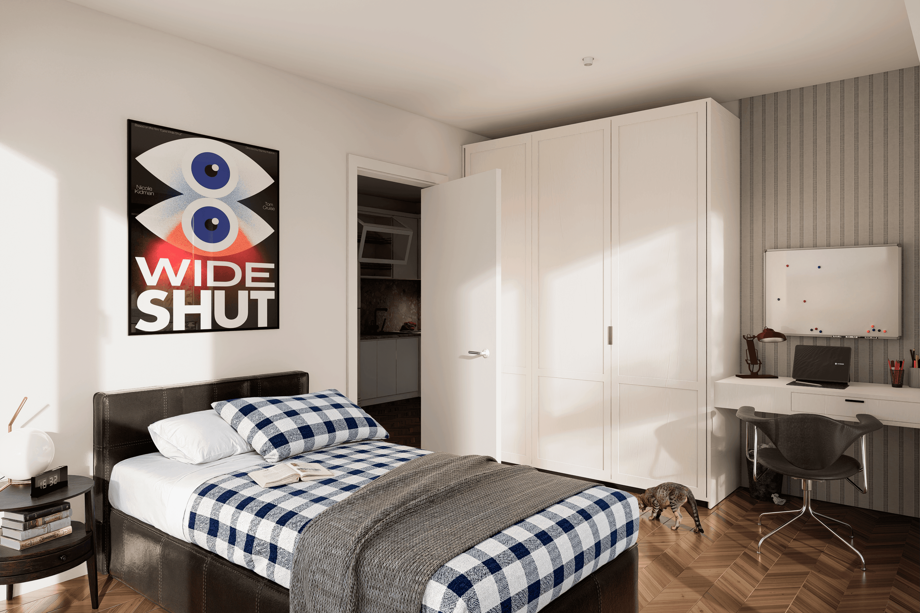 Schlafzimmer mit Einzelbett, Kleiderschrank und Arbeitsbereich