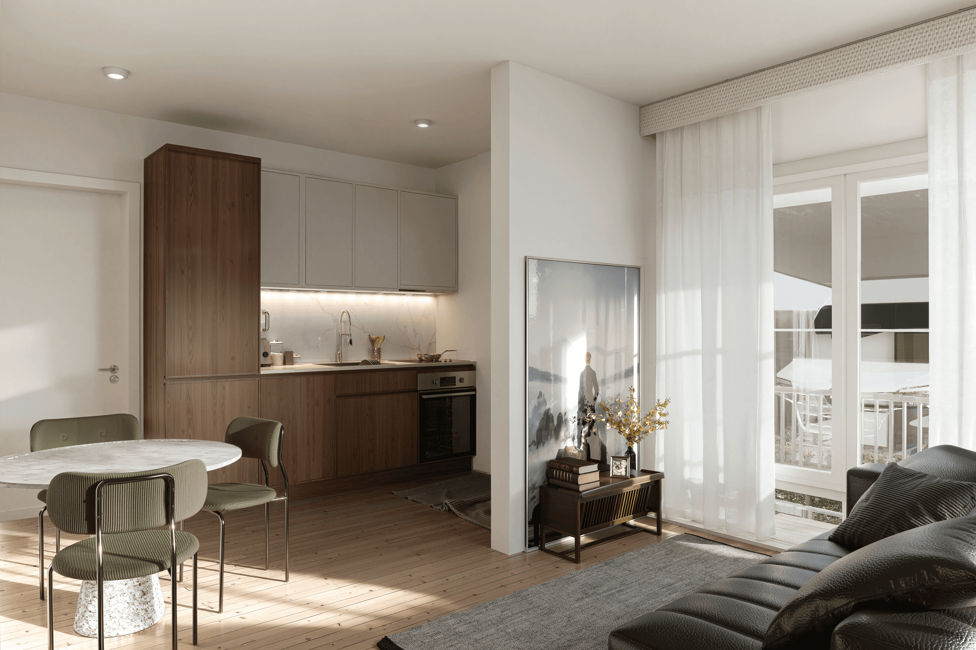 Offener Wohn- und Essbereich mit Küche und Zugang zum Balkon