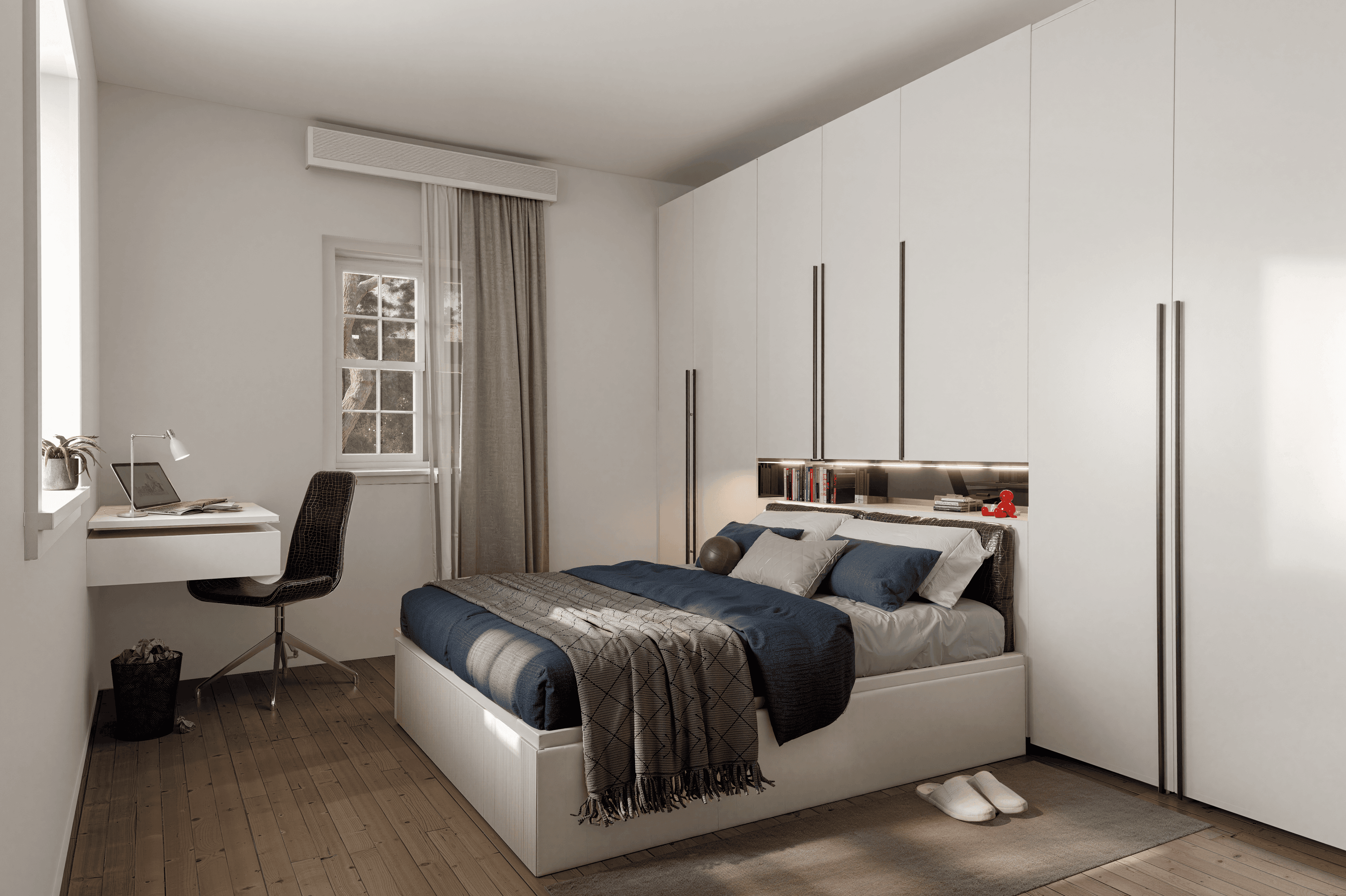 Schlafzimmer mit Arbeitsplatz, Einbauschränken und Fensterblick